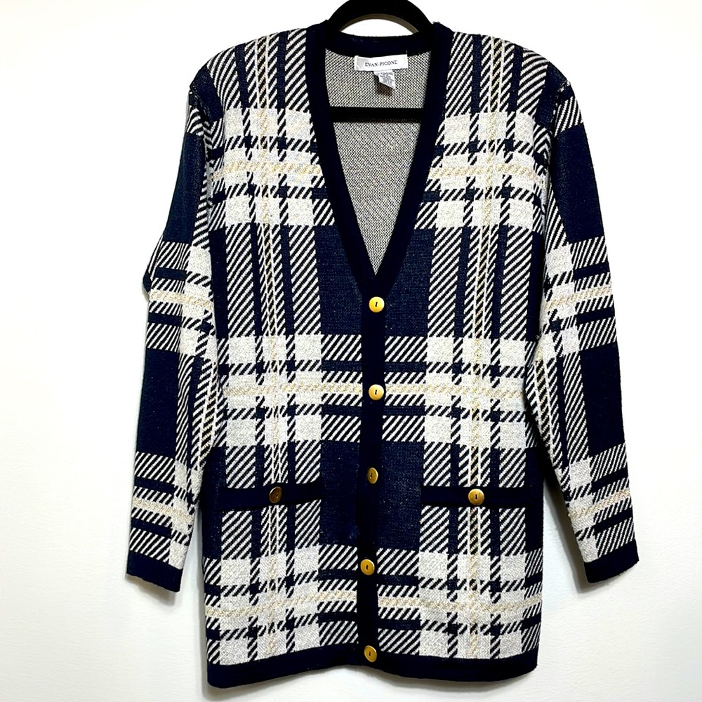 Vintage Evan Picone Black Beige Gold Metallic Large Houndstooth Long Cardigan